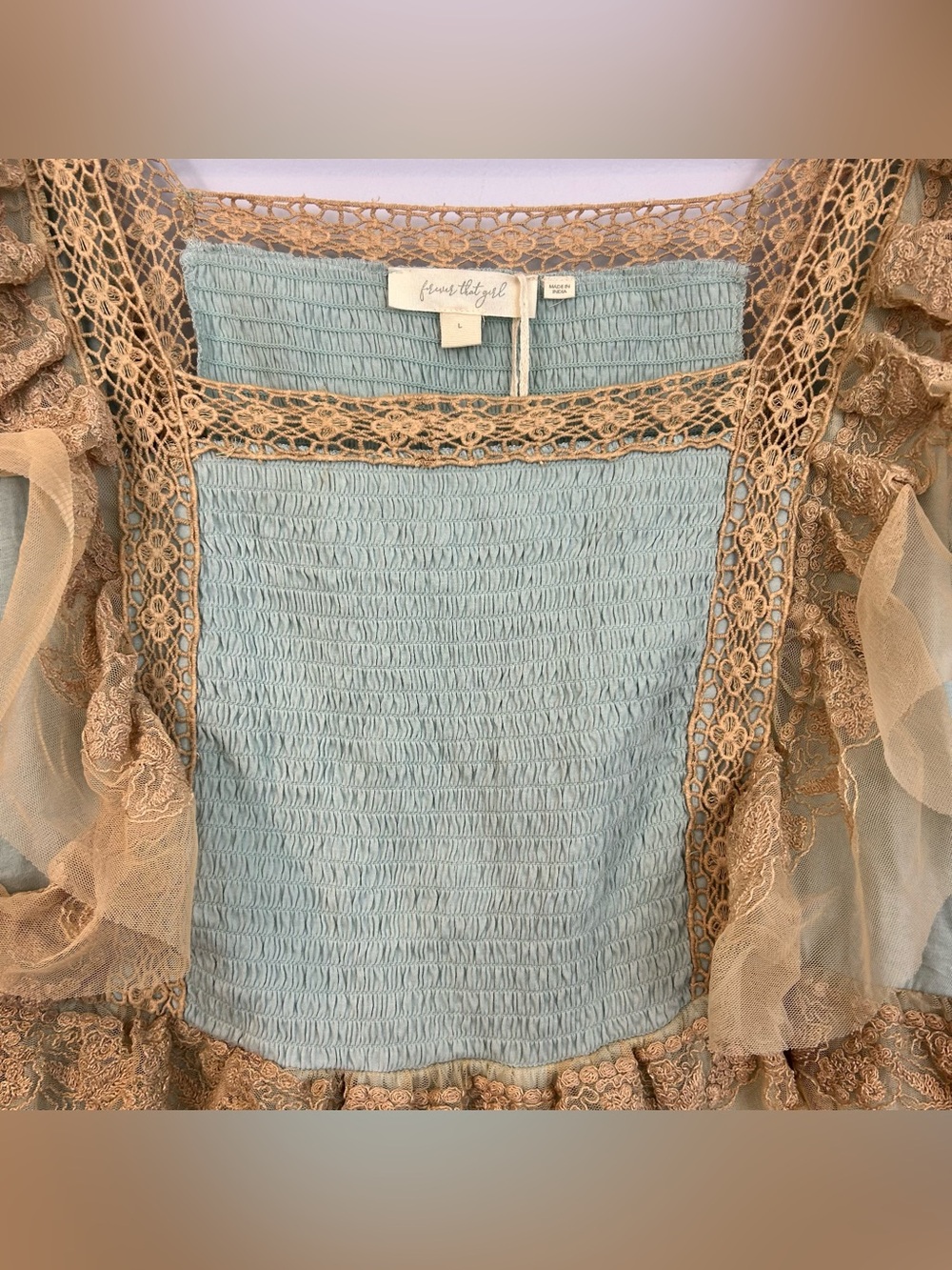 NWT Forever That Girl Blue/Tan Ruffle Lace Peplum Fairy Top Large Anthropologie - Picture 10 of 16